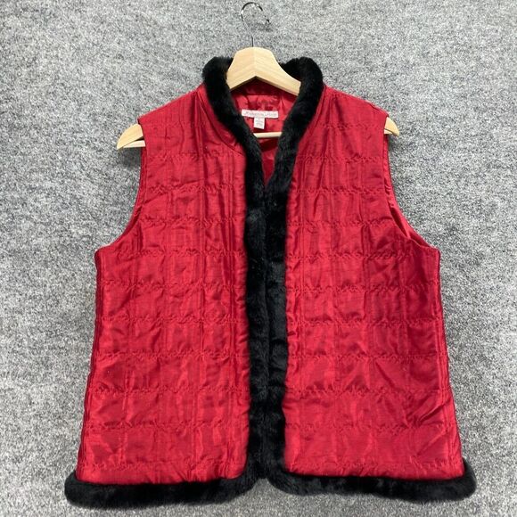 JM Collection Quilted Vest Women PL Petite Red V-Neck Sleeveless Casual Solid - Picture 3 of 8